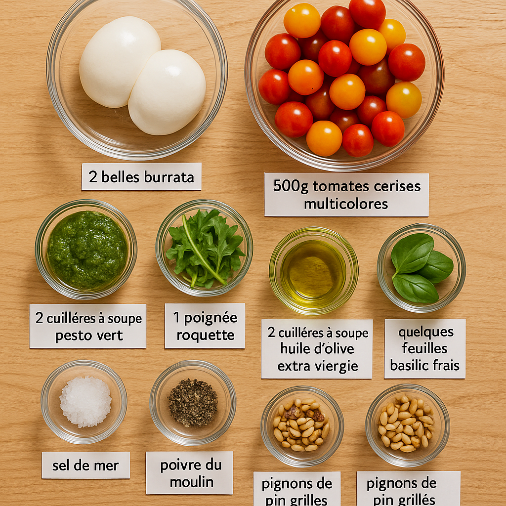 Salade burrata tomates cerise et pesto vert