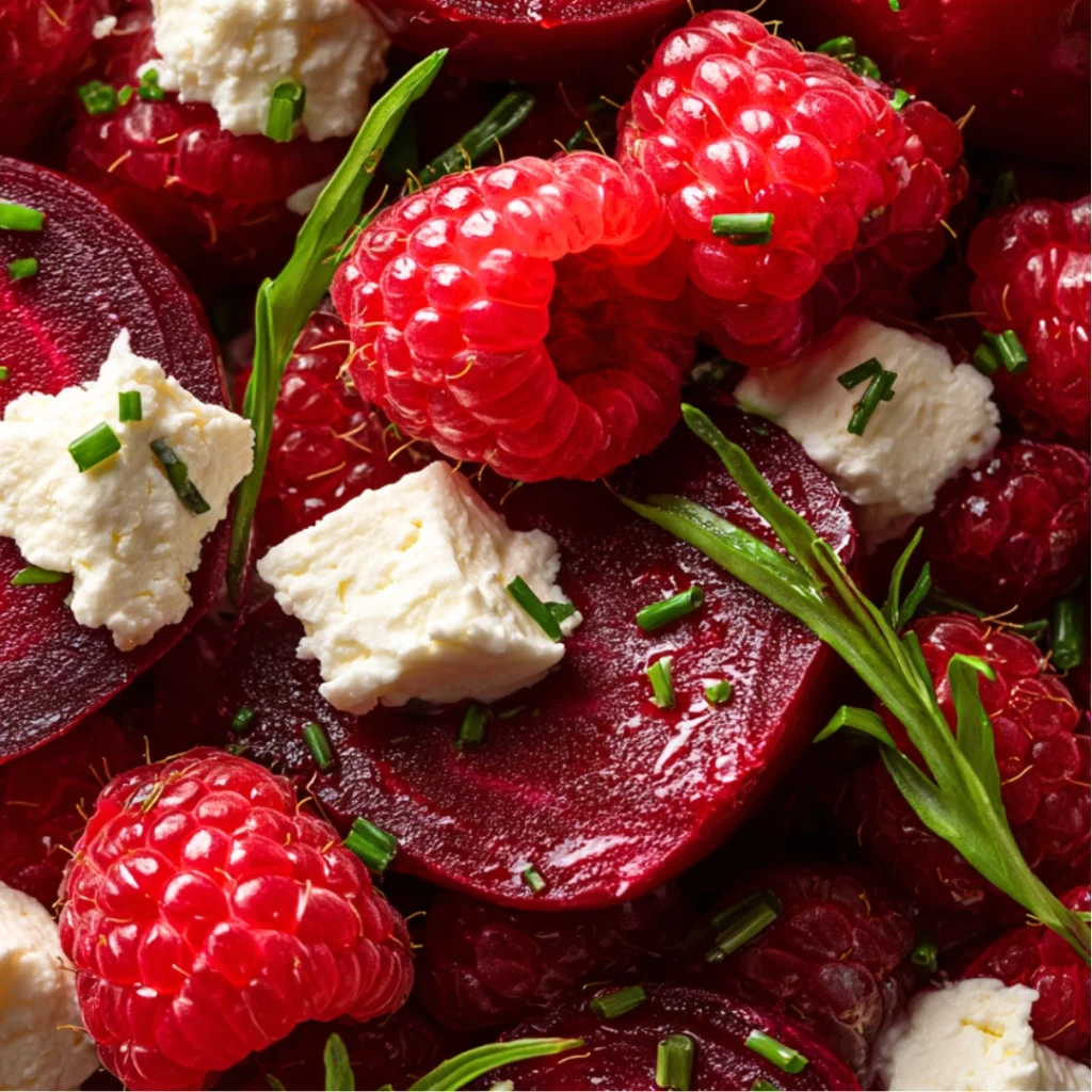 Salade Framboises, Betterave, Chèvre & Ciboulette
