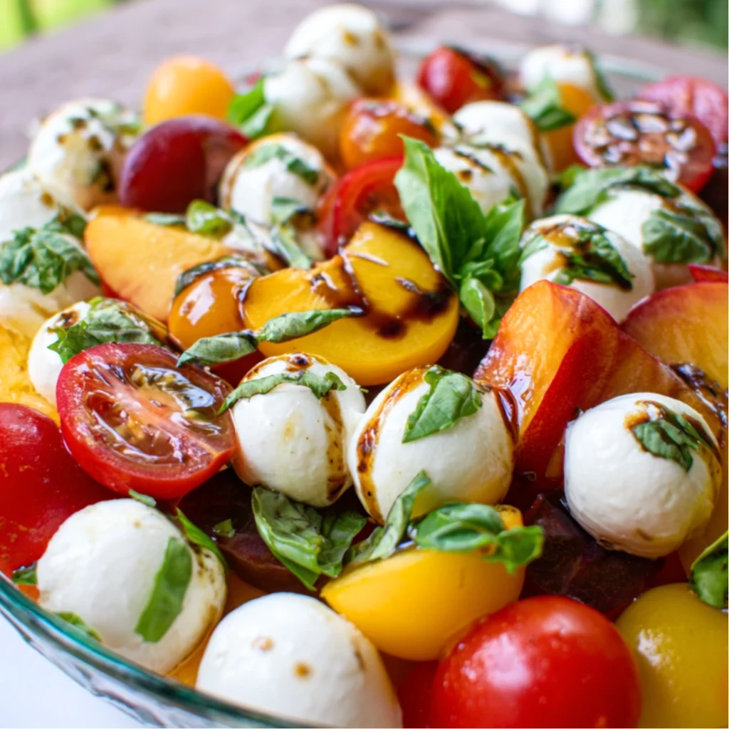 Salade Pêches, Tomates Cerises, Mozzarella & Basilic