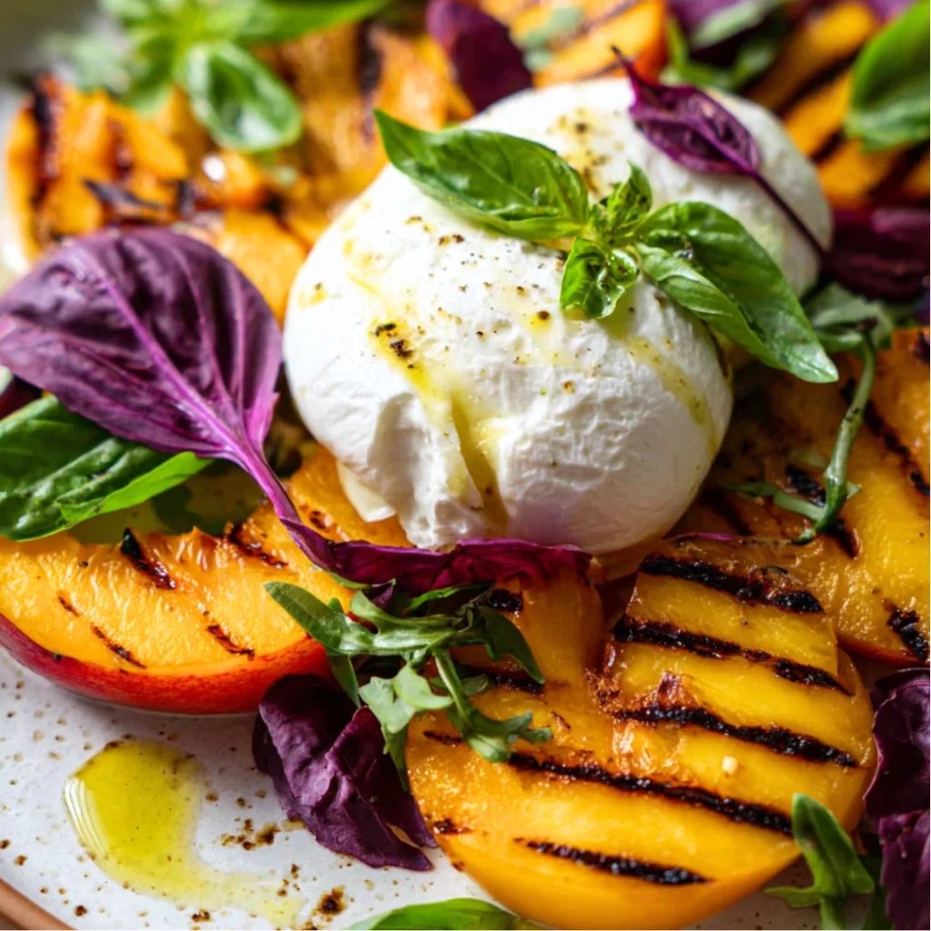 Salade de Pêches Grillées, Burrata & Basilic Pourpre