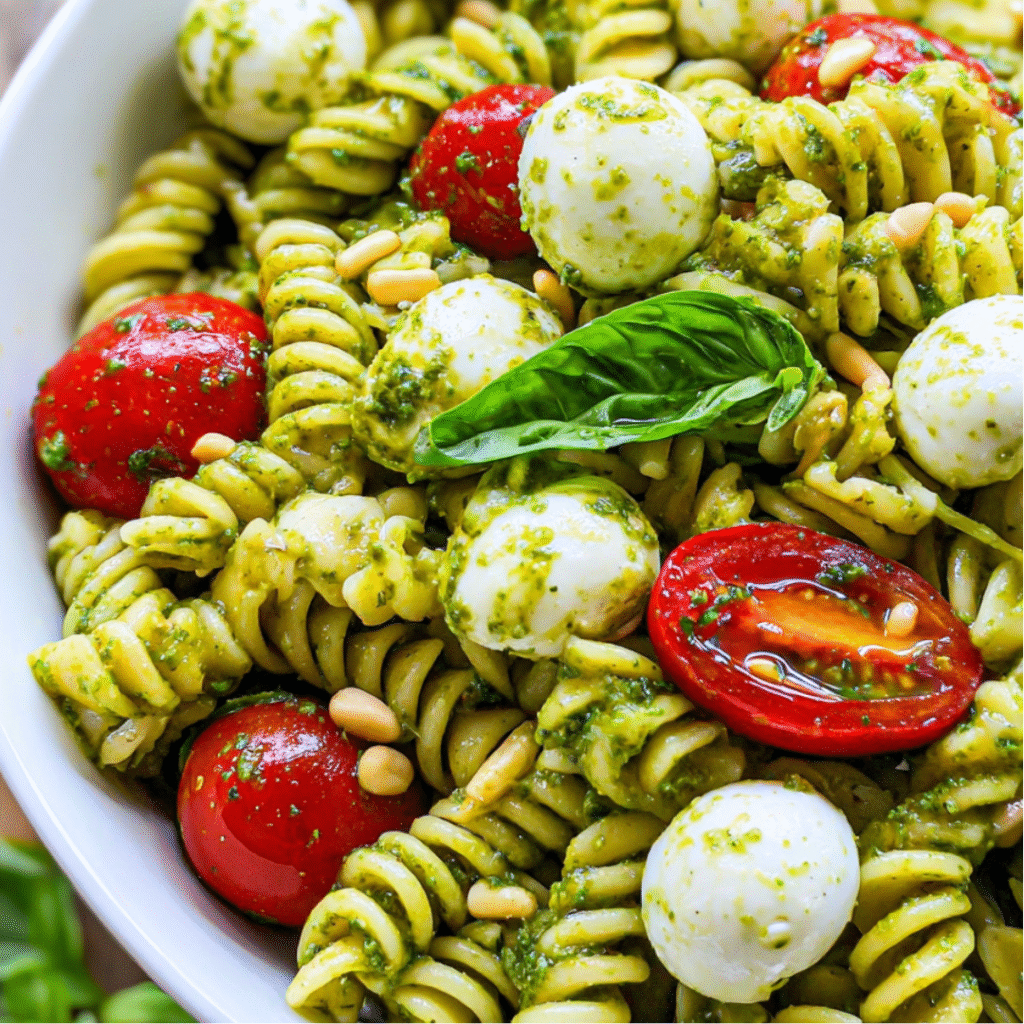 Salade de pâtes froide au pesto, tomates cerises & mozzarella