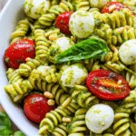 Salade de pâtes froide au pesto, tomates cerises & mozzarella